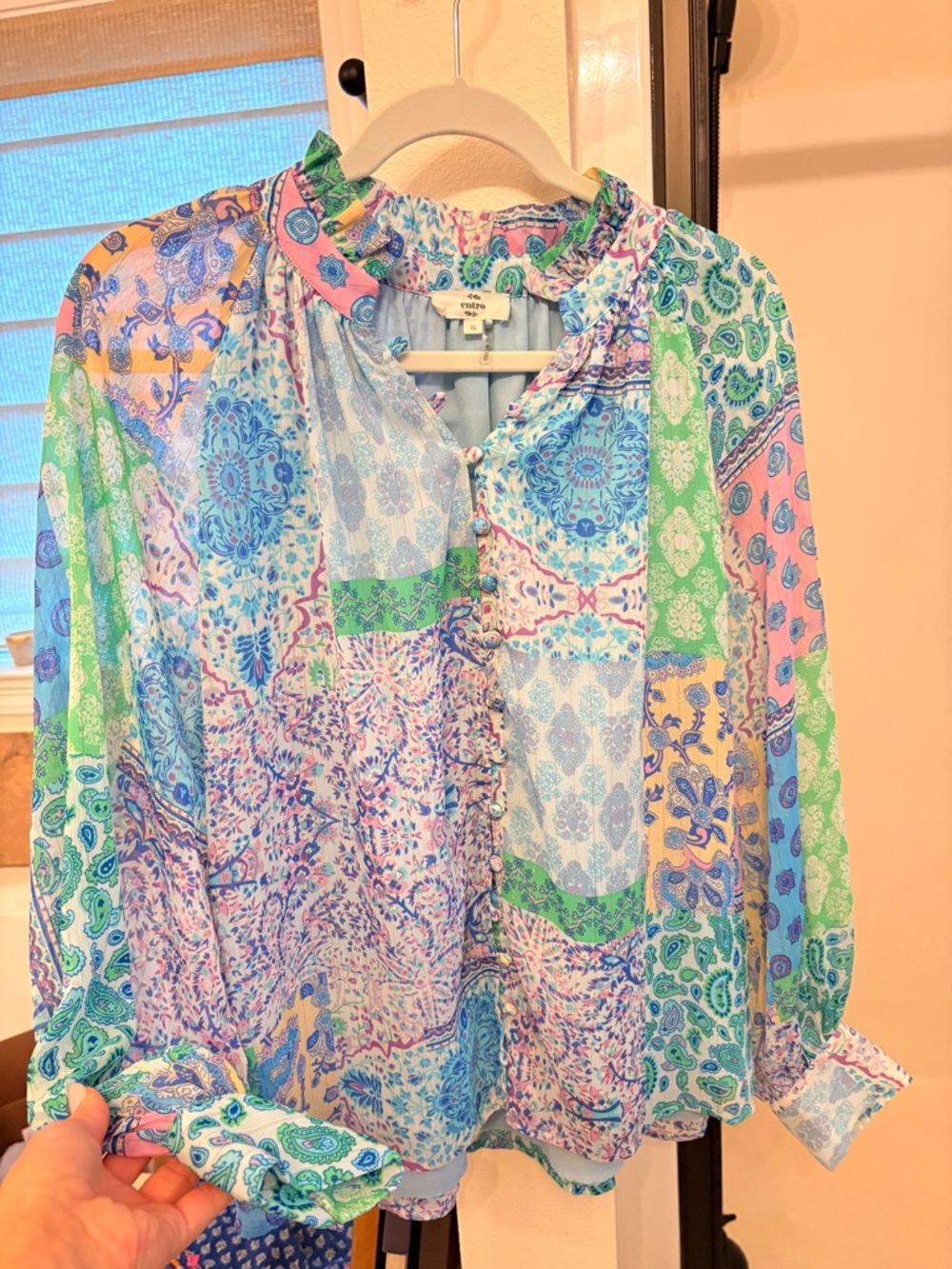 entro Pastel Patchwork Floral Blouse - Blue, Pink, Green, Cream